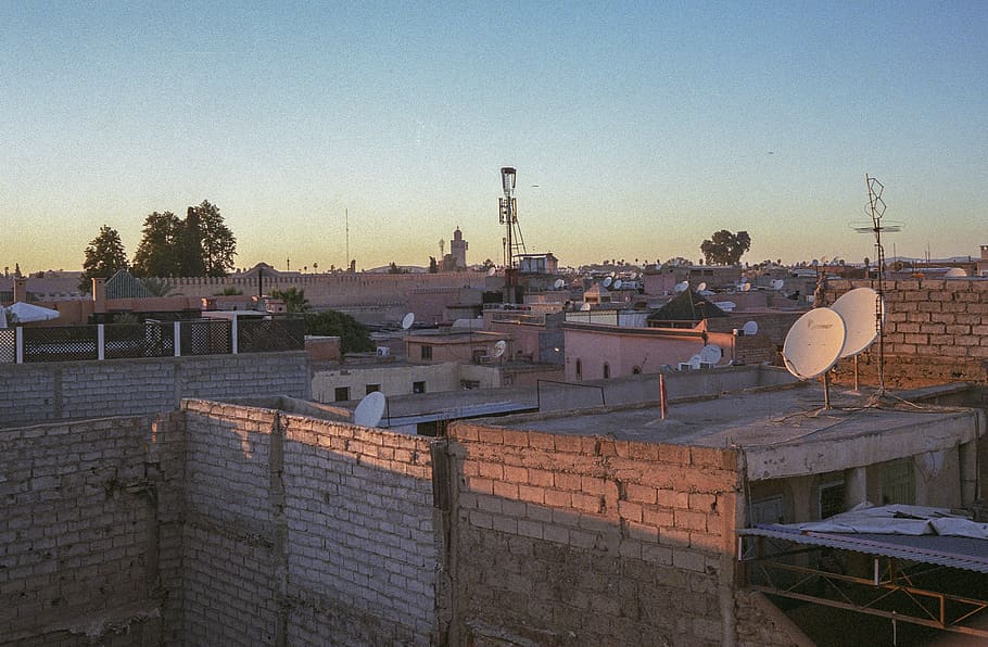 morocco, marrakesh, satellite, dishes, rooftop, architecture