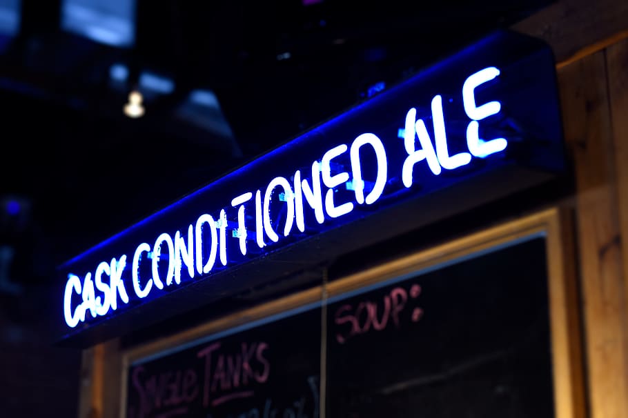 white and blue Cask Conditioned Ale neon signage, window, reflection HD wallpaper