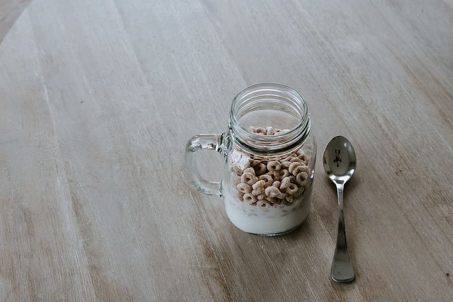 stainless steel spoon, jar, mug, mason jar, cereal, milk, handle