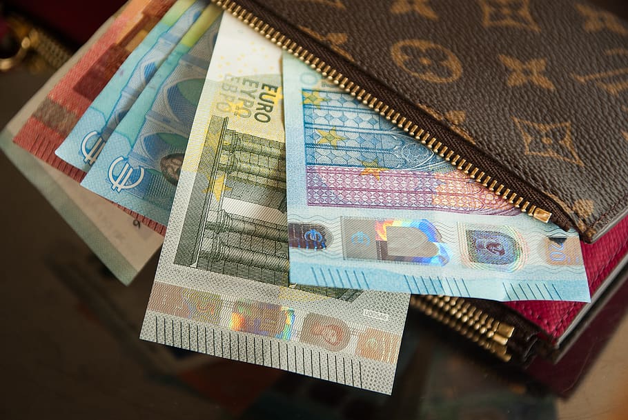 Several Euro Banknotes in Louis Vuitton Wallet, bank notes, cash