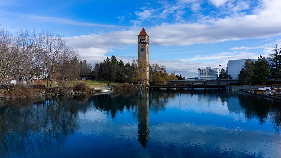 Spokane, Monument, River Square Park, water, sky, reflection, HD wallpaper