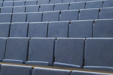 teal chairs, row, line, empty, school, auditorium, university HD wallpaper