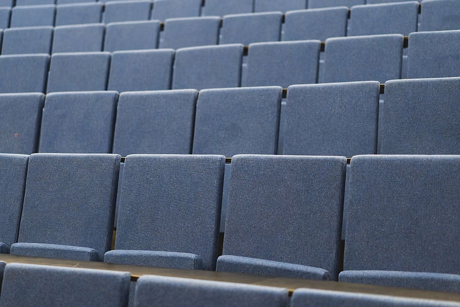 teal chairs, row, line, empty, school, auditorium, university HD wallpaper