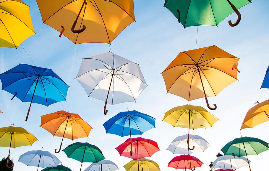 umbrellas, sky, sunshine, protection, security, safety, large group of objects, HD wallpaper