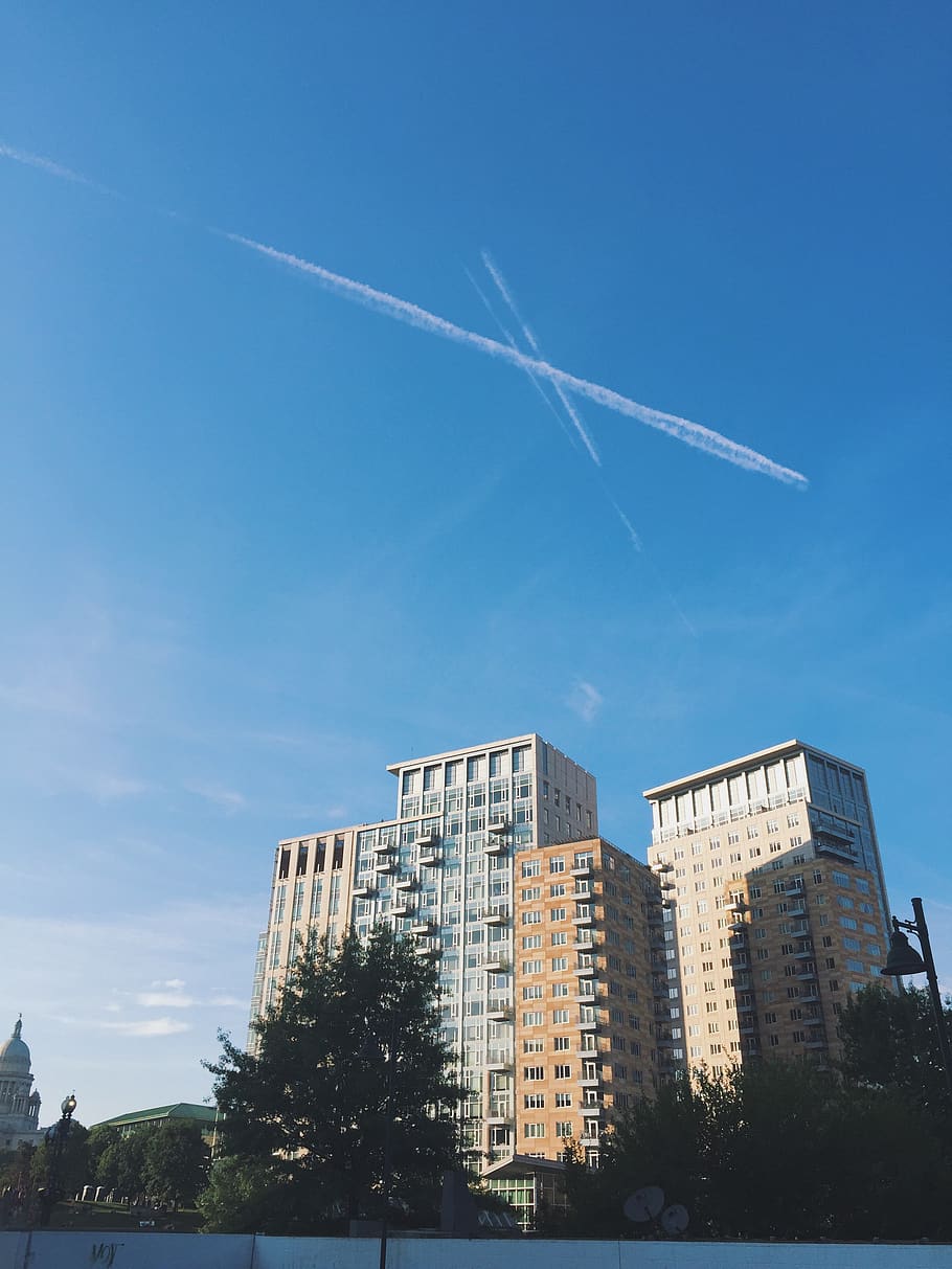 united states, providence, architecture, vapor trail, sky, building exterior, HD wallpaper