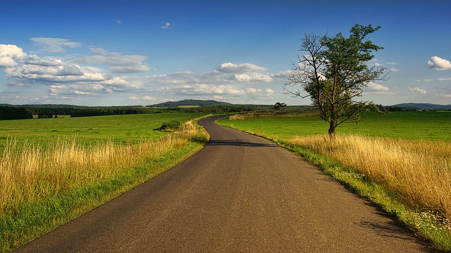 Photo of Road in the Middle of the Grass Field, calm, clouds HD wallpaper