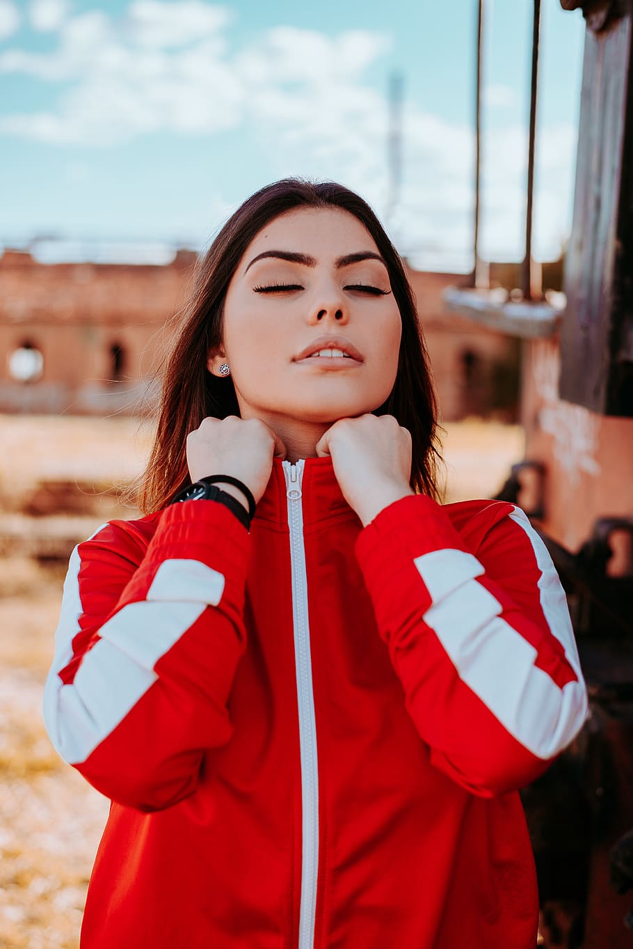 Woman in Red Zip-up Jacket, beautiful, casual, closed eyes, daylight HD wallpaper
