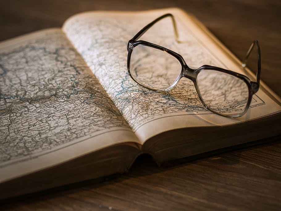 Black Framed Eyeglasses on Book, eyewear, map, page, publication HD wallpaper