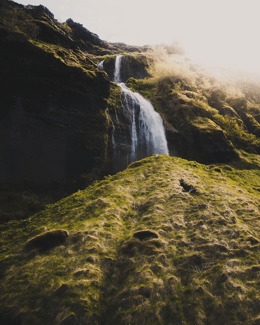 moss covered mountain with waterfall, beauty in nature, scenics - nature HD wallpaper