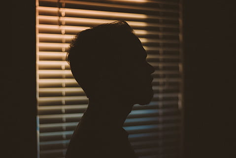 Man's Silhouette Near White Window Blinds, backlit, blur, dark HD wallpaper