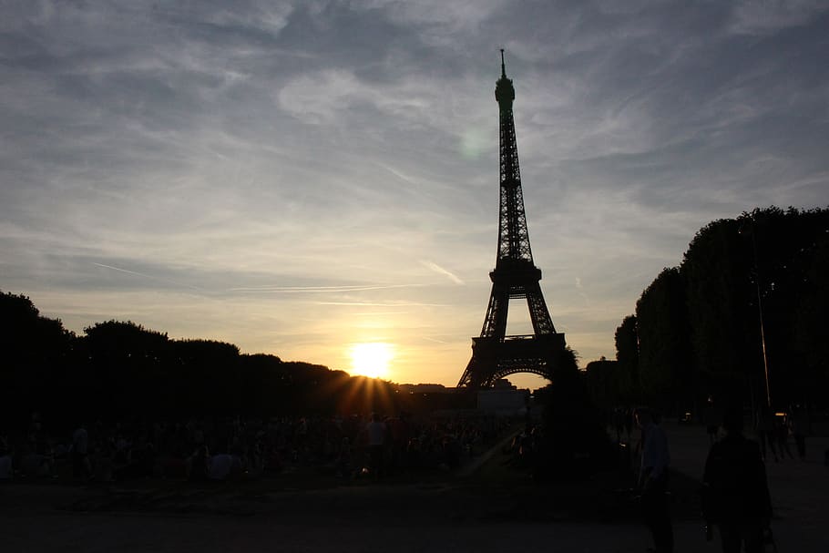 france, paris, eiffel tower, sunset, sky, silhouette, architecture HD wallpaper
