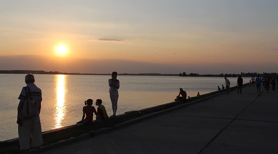 dam, sunset, sky, water, group of people, real people, beauty in nature HD wallpaper