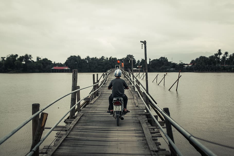 vietnam, nha trang, river, wood, bridge, nhatrang, travel, motorcycle, HD wallpaper