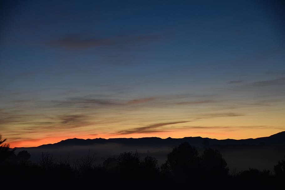 sunset, landscape, sunrise, mountains, sky, clouds, nature HD wallpaper