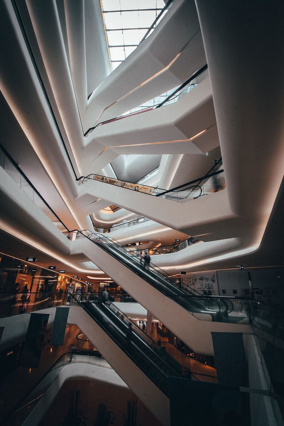interior photo of a mall's escalators, building, architecture, HD wallpaper