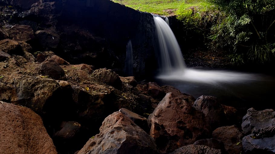 Waterfalls With Rocks in the Middle of Forest, boulder, cascade HD wallpaper