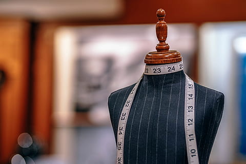 Semiready Jacket With Tailors Measuring Tape On Mannequin Against Grey  Background Closeup Space For Text Stock Photo - Download Image Now - iStock
