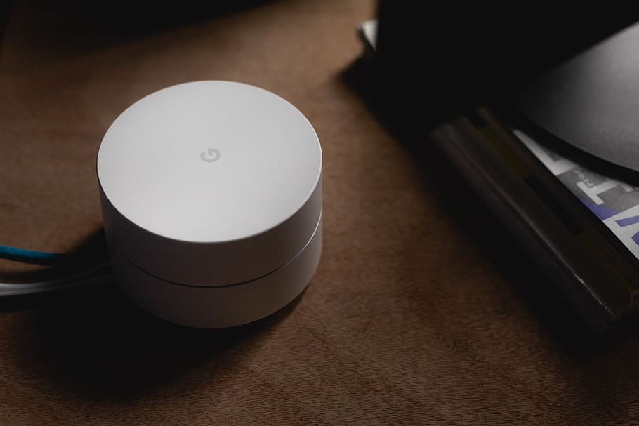 White Google Home, connection, desk, electronics, equipment, Google WiFi HD wallpaper