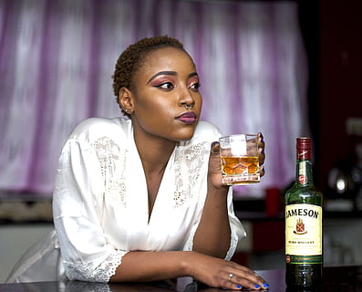Woman Wears White Lace Bathrobe Holds Shot Glass, alcohol, bar HD wallpaper