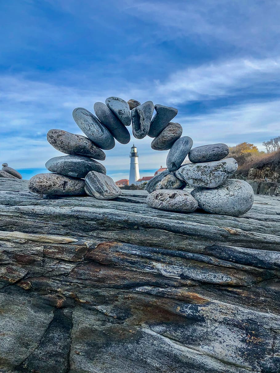 Gray and Black Rock Formation, balance, beach, boulder, cobblestone HD wallpaper