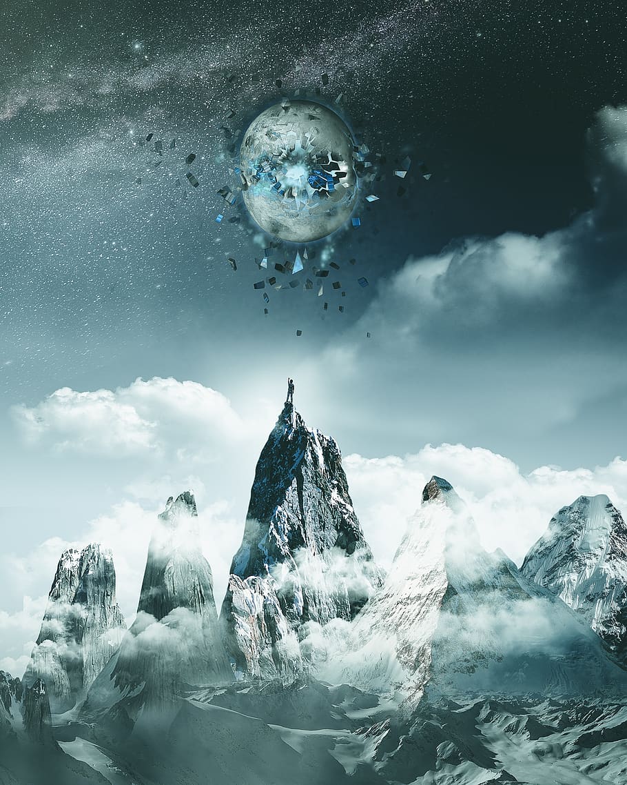 surrealism, moon, fantasy, dream, imagination, clouds, mountains, HD wallpaper