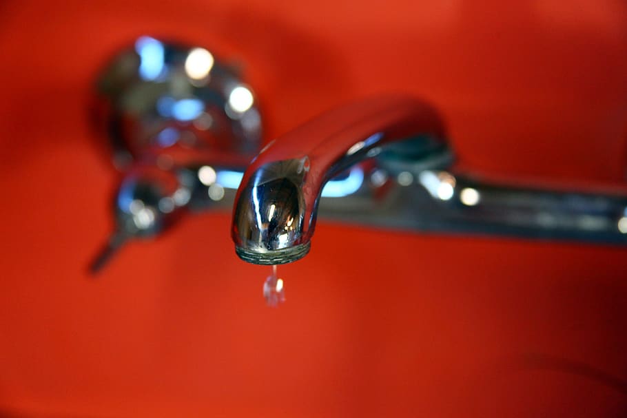 faucet, bathroom, metal, water, close-up, red, selective focus