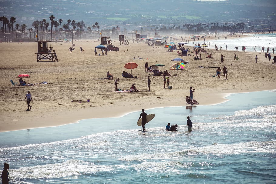 newport beach, united states, surfer, umbrella, sand, ocean, HD wallpaper