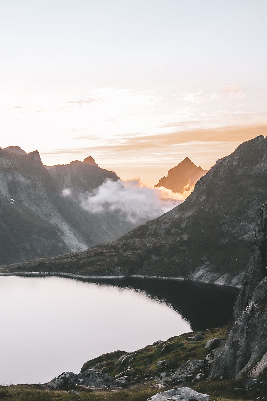 lake beside mountains, cloud, fog, foggy, mist, misty, sky, peak HD wallpaper