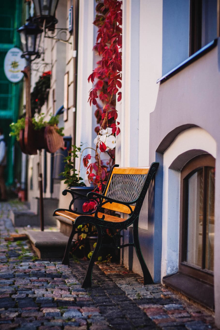 still, items, things, garden, bench, cobblestone, streets, neighborhood HD wallpaper