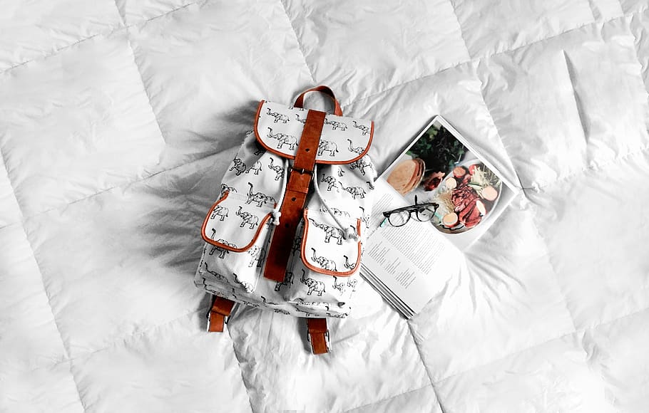 white, bed, bag, backpack, book, glasses, lifestyle, travel HD wallpaper