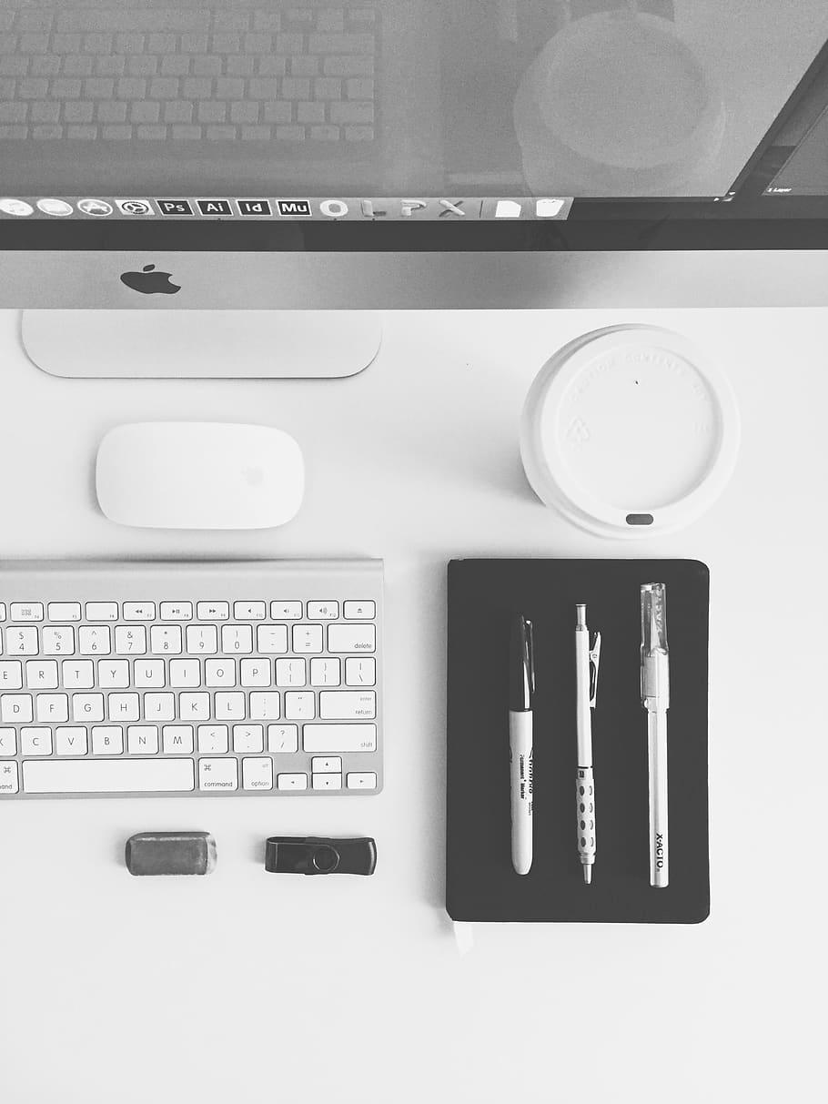 desk, mac, designer, tools, arranged, order, black and white HD wallpaper