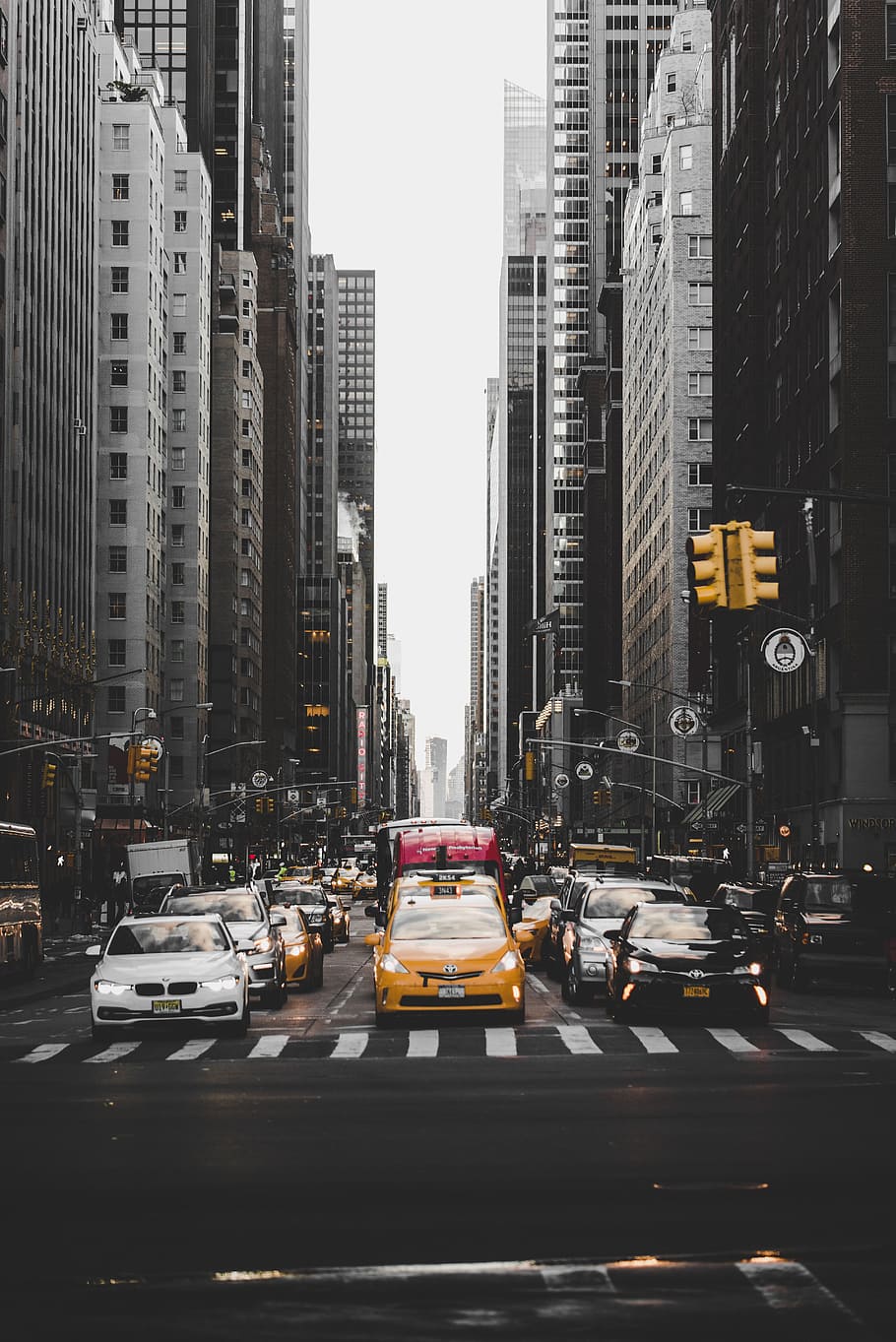 cars in between buildings, street, urban, city, traffic, stoplight, HD wallpaper