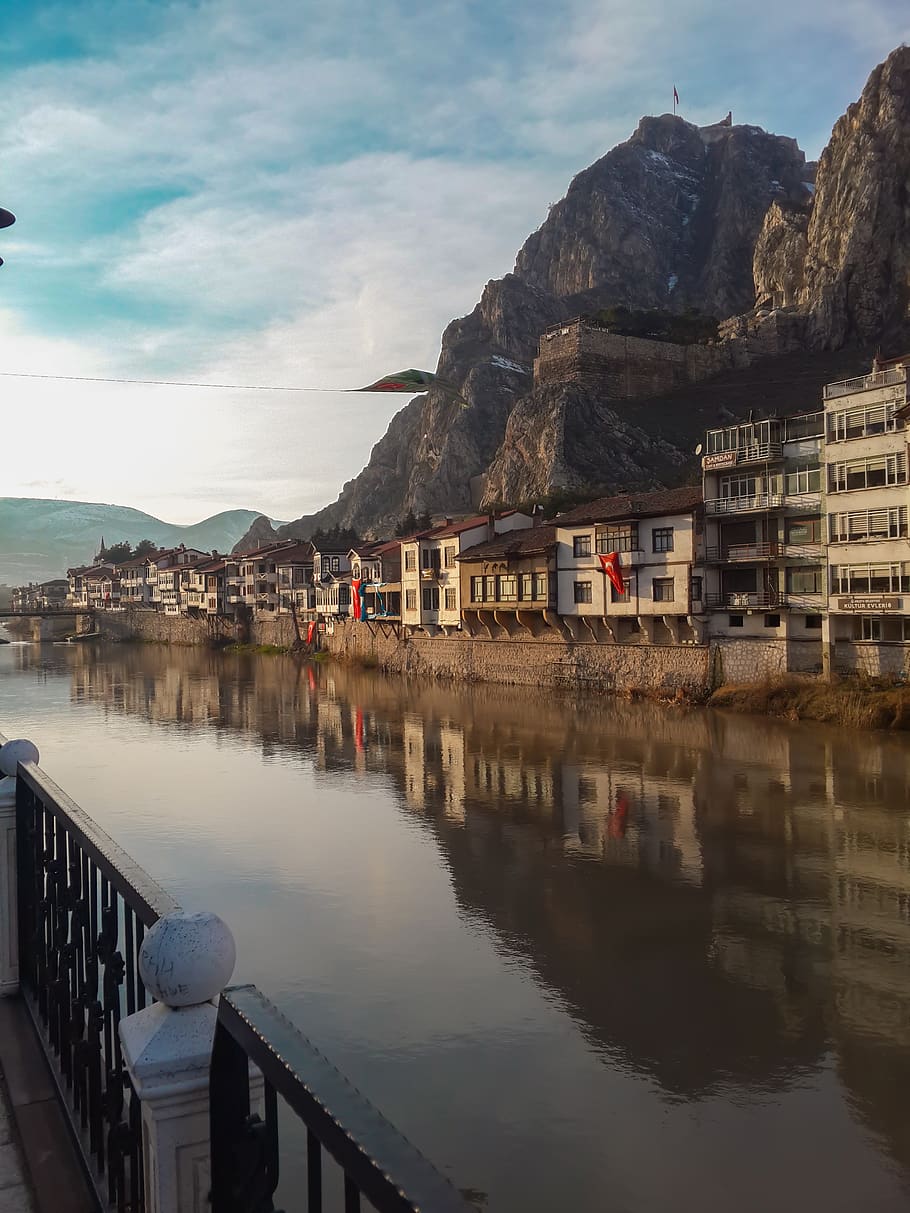 turkey, amasya merkez, sky, architecture, river, mountain, old, HD wallpaper