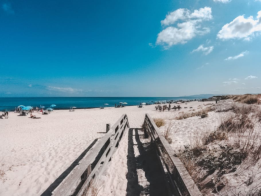 Group of People on Beach Photo, clouds, grass, horizon, island HD wallpaper