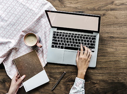 Person Touching Keyboard of Laptop, background, coffee, cup, desk HD wallpaper