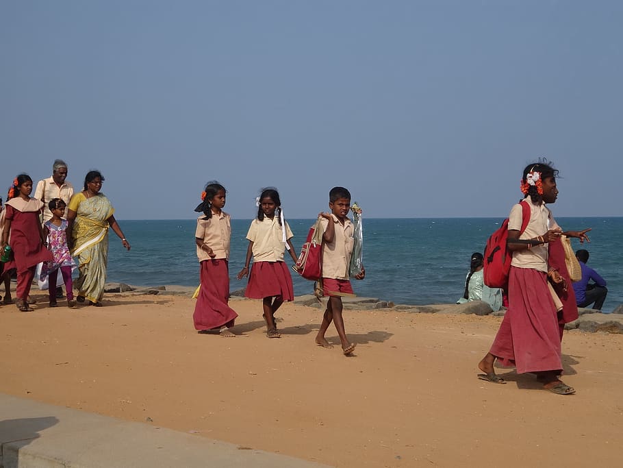 india, puducherry, beach, sky, sea, land, group of people, water HD wallpaper