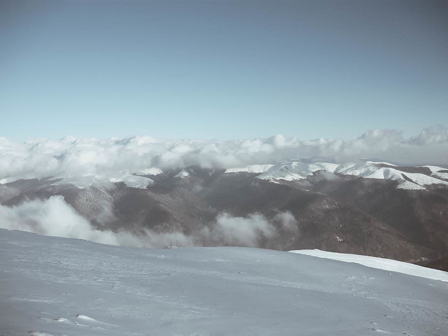 romania, bucegi mountains, clouds, snow, mountain peak, view HD wallpaper