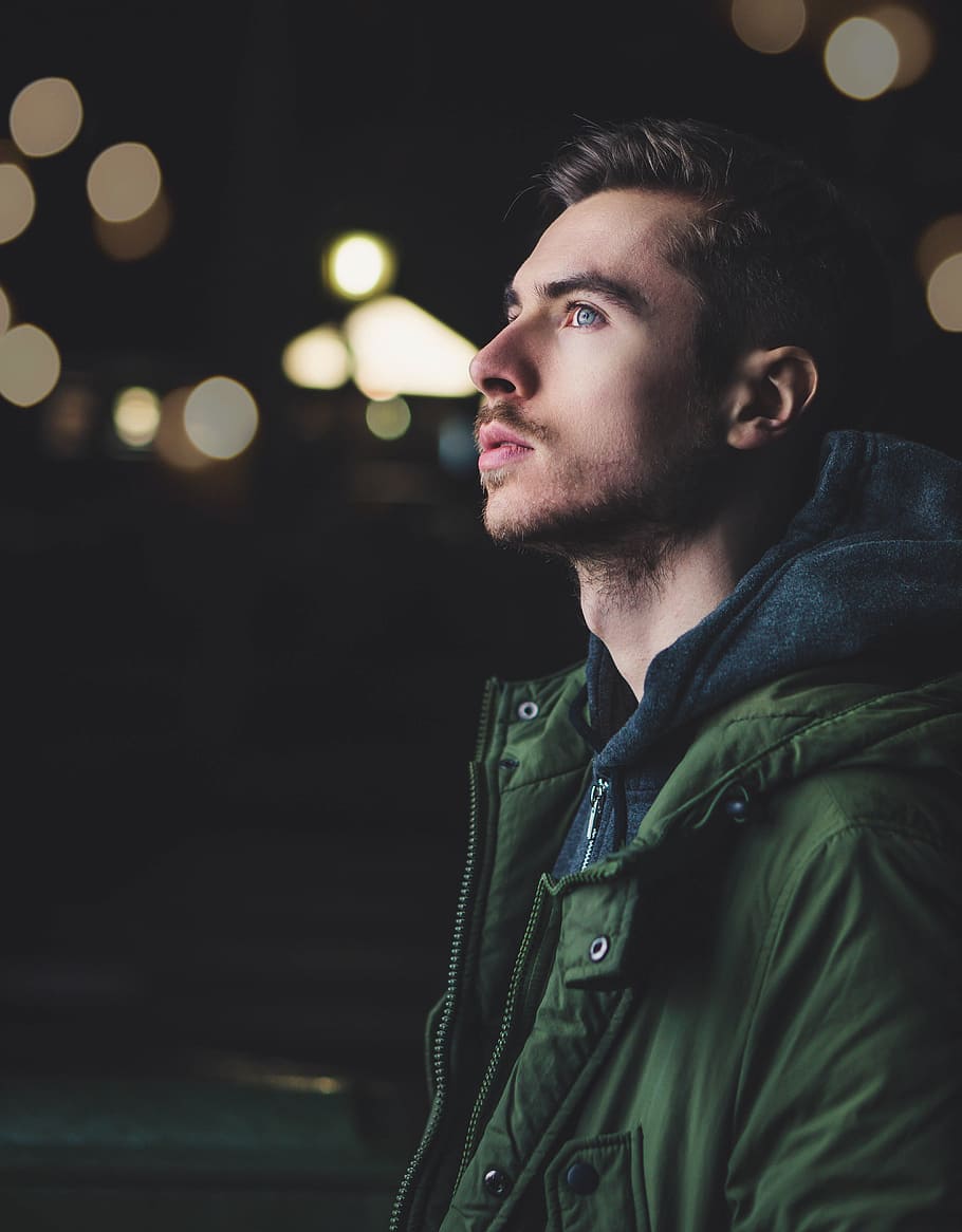 Man Wearing Green Zip Jacket, bokeh, face, person, young adult HD wallpaper