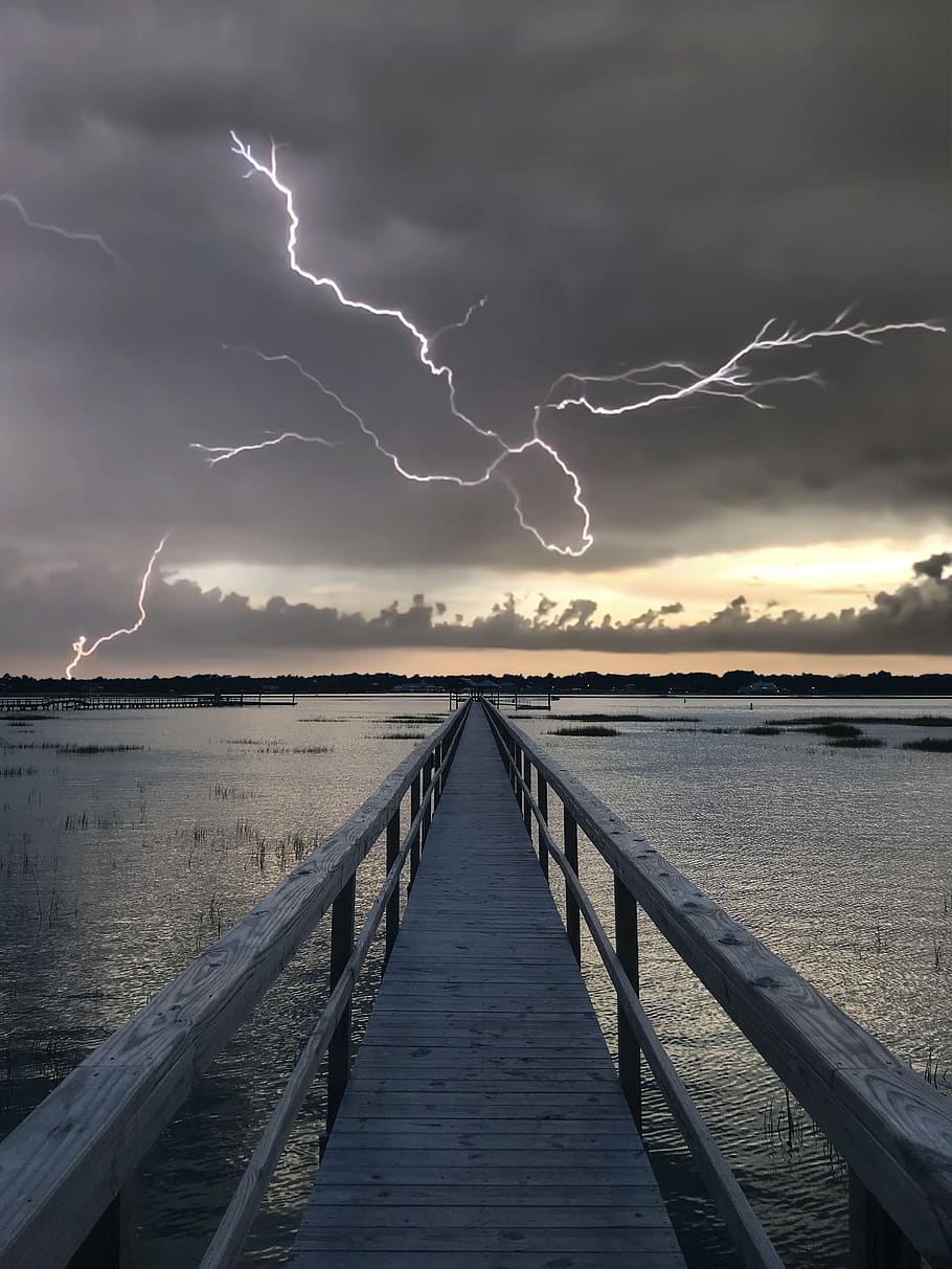 Wooden Dock On Body Of Water, clouds, lightning, ocean, overcast HD wallpaper