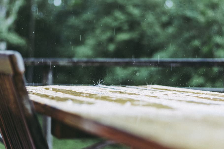 brown wooden table, selective focus, water, day, nature, wood - material HD wallpaper