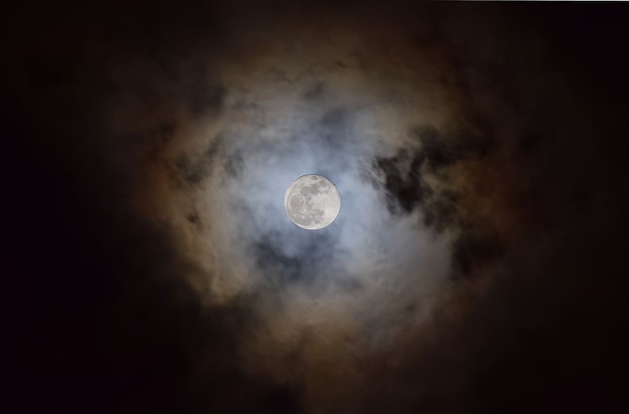 moon, clouds, sky, night, full moon, light, dark, background, HD wallpaper