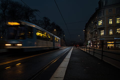 oslo, norway, vika, dark, night, tram, blur, motion, street HD wallpaper
