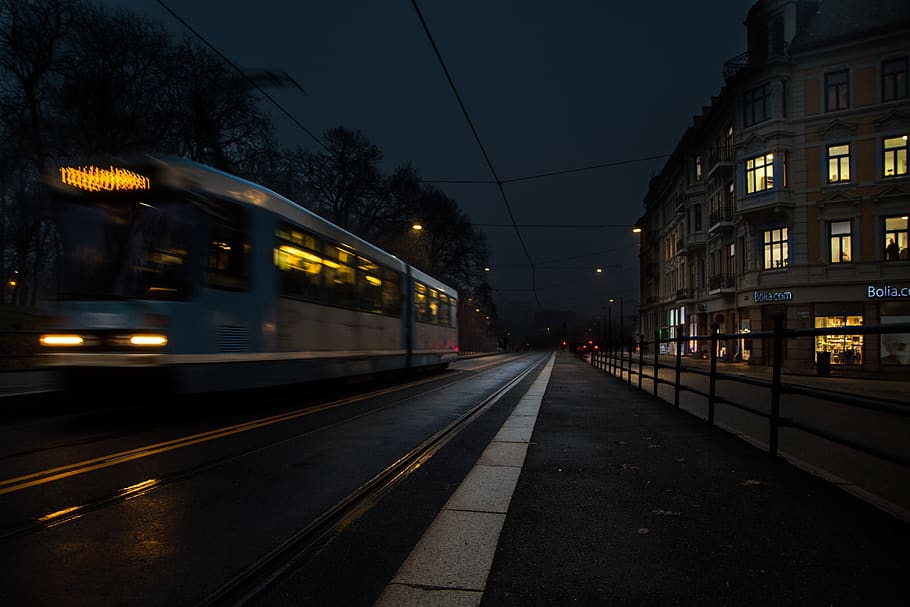 oslo, norway, vika, dark, night, tram, blur, motion, street HD wallpaper