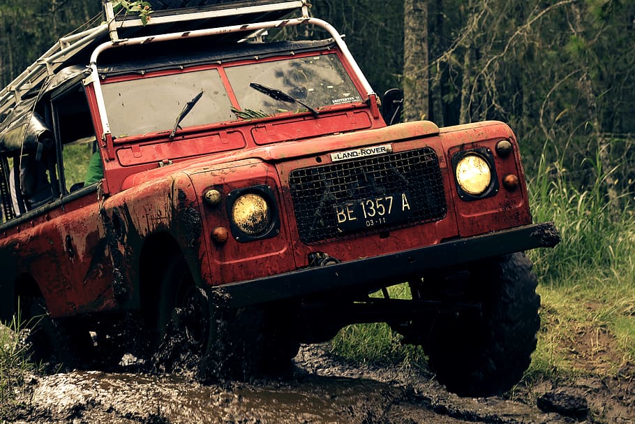 Red Car on Muddy Road Near Trees, 4wd, 4wheels, 4x4, action, adventure HD wallpaper