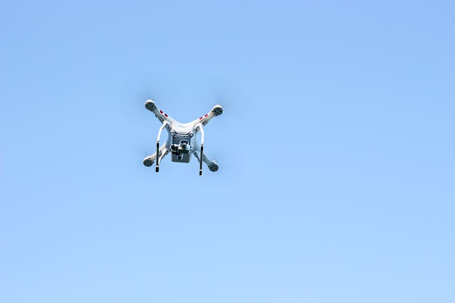 drone, dji, phantom, sky, blue, flying, clear sky, transportation HD wallpaper
