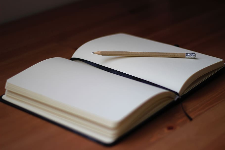 pencil, write, notebook, paper, desk, wooden, table, publication HD wallpaper