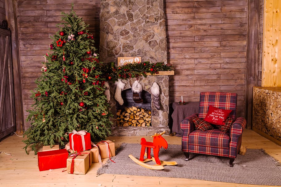 green Christmas tree beside red and brown fabric sofa chair, plant, HD wallpaper