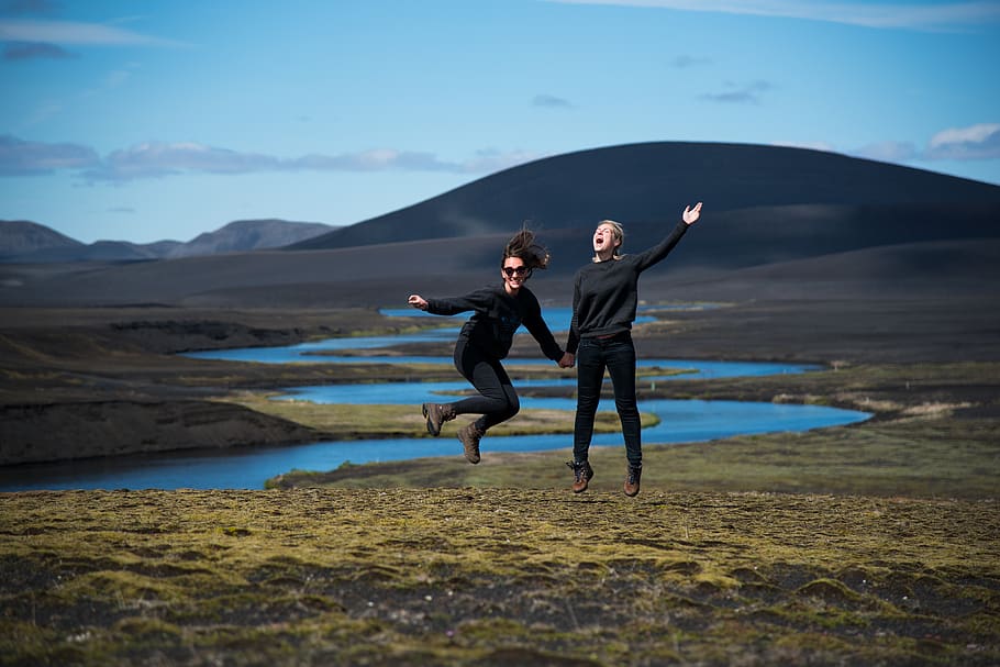 Man And Woman Jumping, daylight, iceland, landscape, mountain HD wallpaper