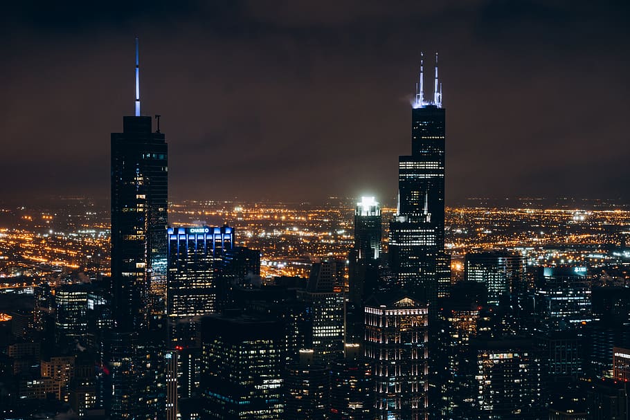 High Rise Buildings View At Night Time, architecture, chicago, HD wallpaper