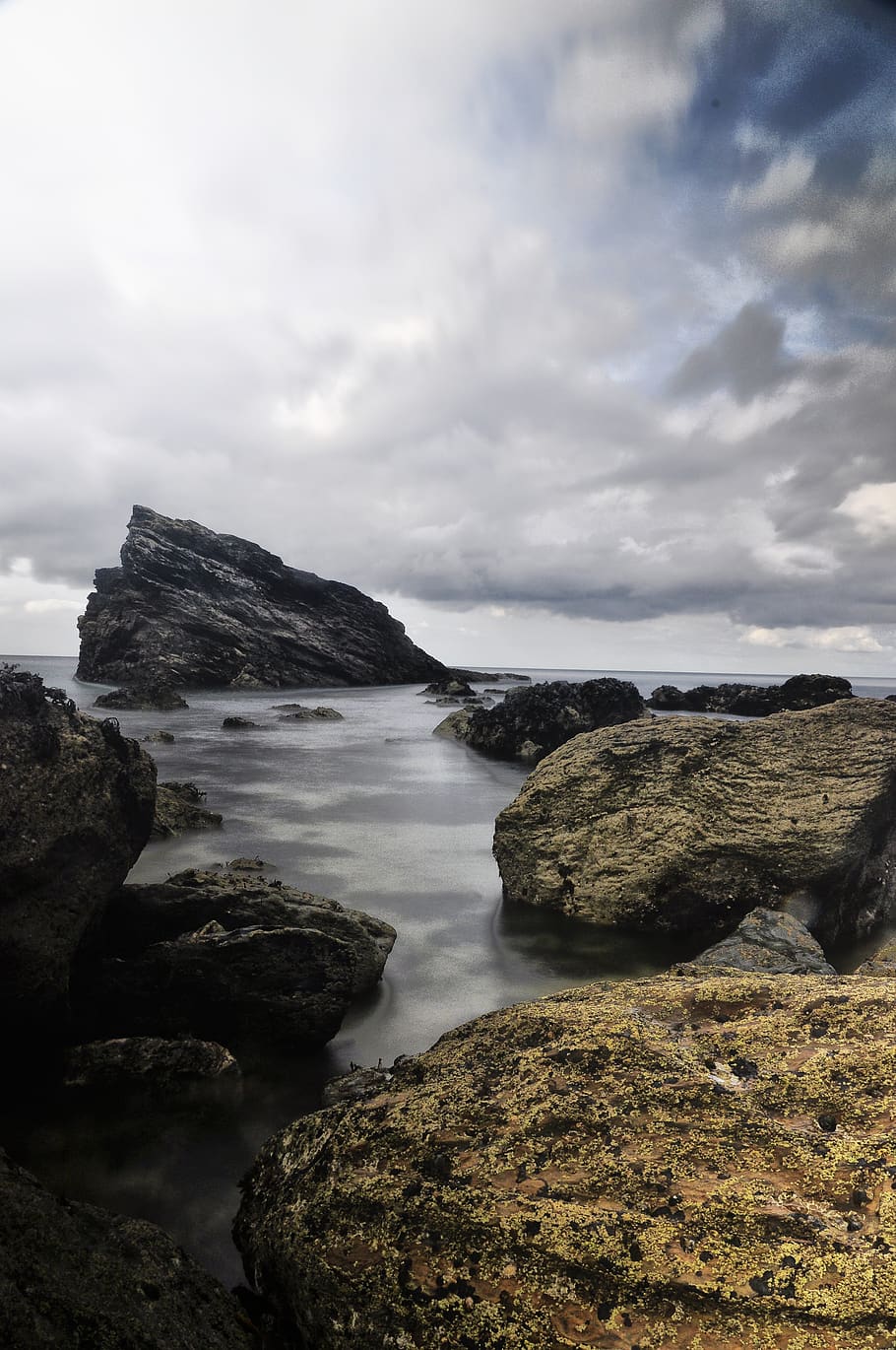 Rock Formation Near Body of Water, clouds, daylight, landscape HD wallpaper